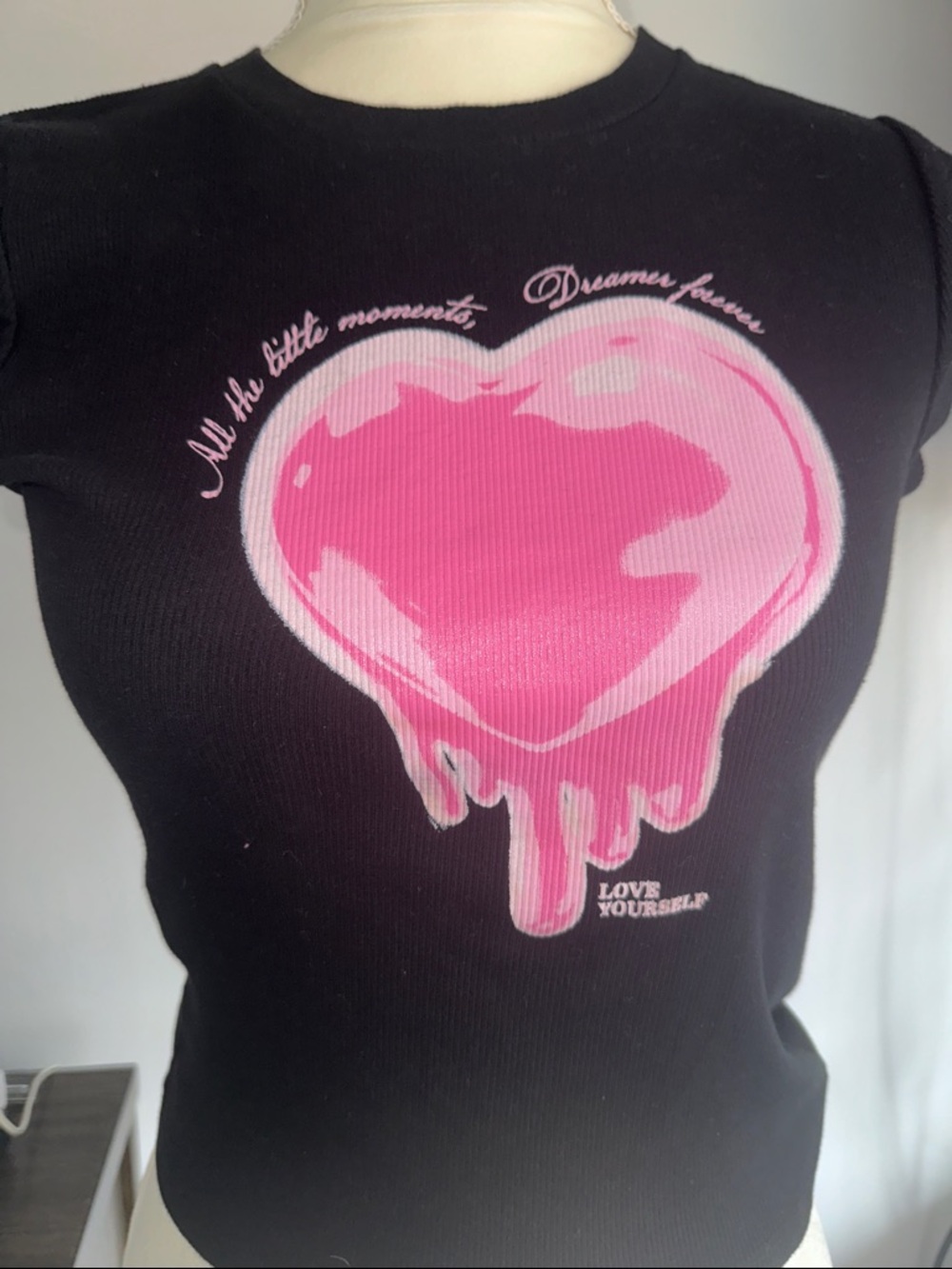 H&M Black Tee with Pink Drip Heart Graphic